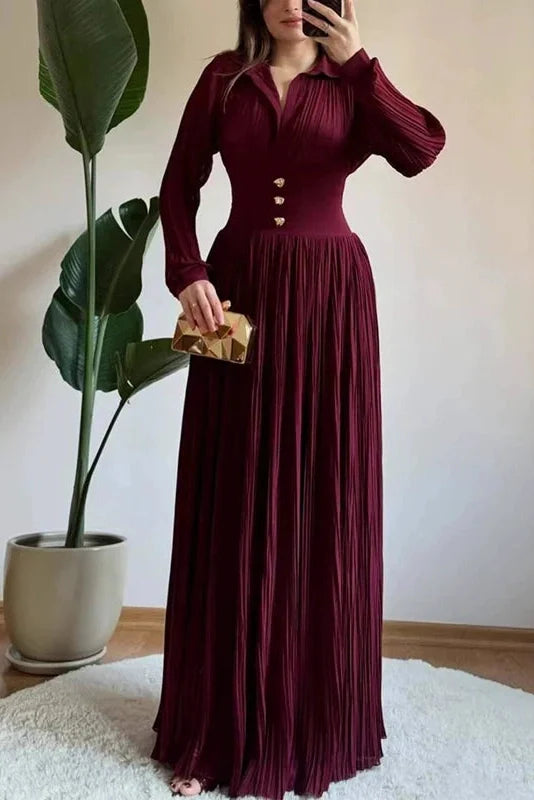 Long Sleeve High Waist Pleated V-Neck Maxi Dress