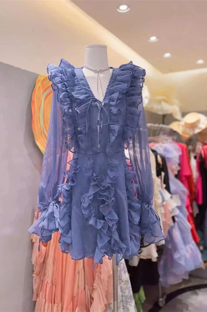 V-Neck Lace-Up High Waist Mini Dress