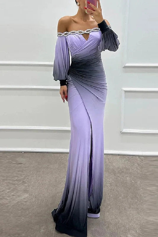 Off Shoulder Patchwork High Waist Pleated Slim Sleeves Maxi Dress