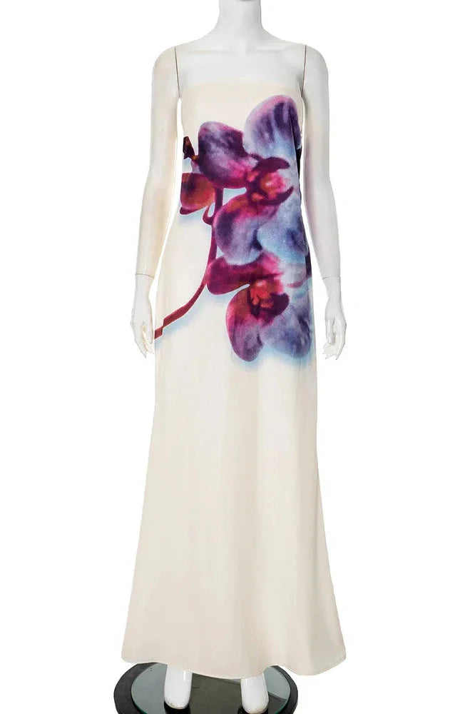 Printed Strapless Off-Shoulder Backless Sleeveless Maxi Dress