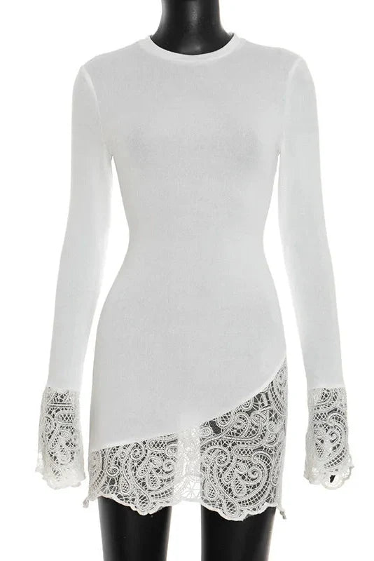 Patchwork Lace Round Neck Bodycon High-Waisted Mini Dress