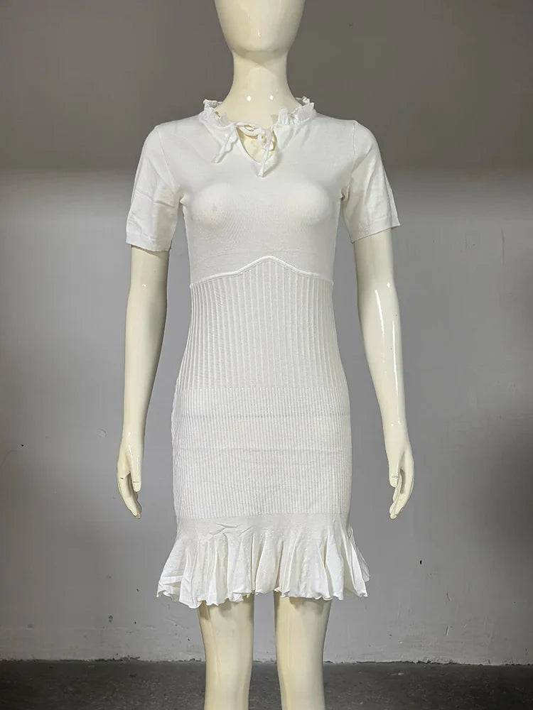 Hollow Knitting Lace Up Short Sleeve Mini Dress