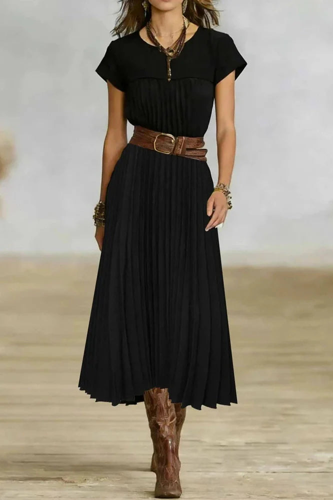 O-Neck Short Sleeve Pleated Loose High Waist Midi Dress