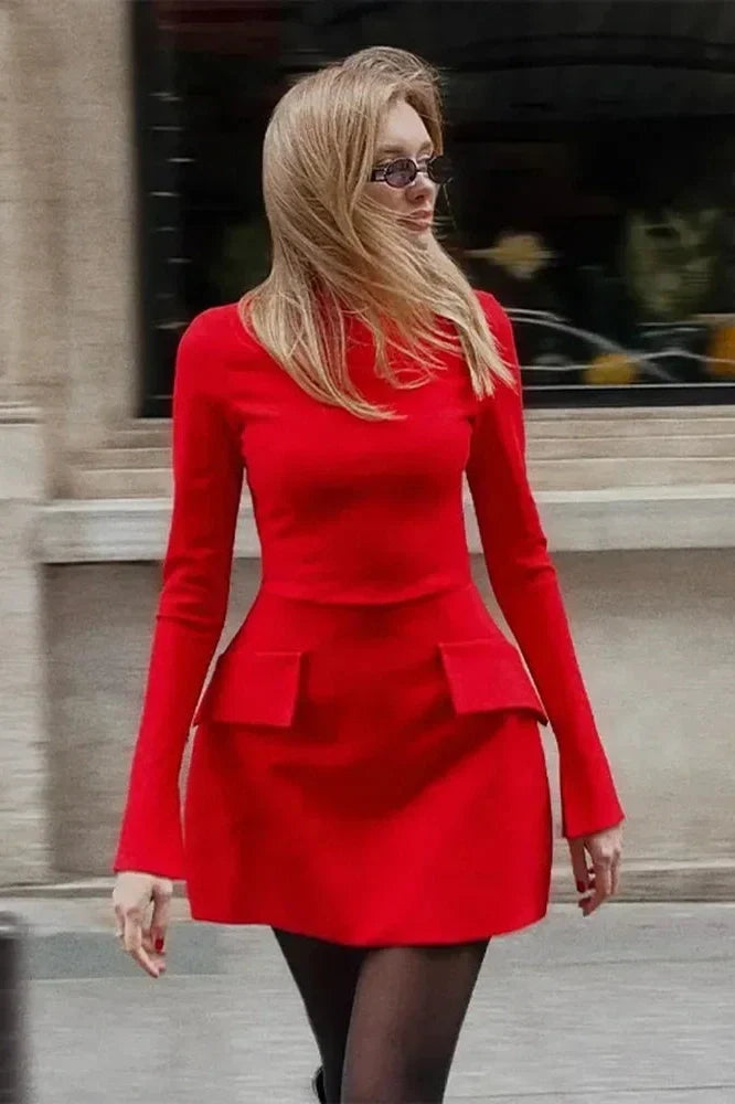 Elegant Slim Two Pocket Long Sleeve A-Line Mini Dress