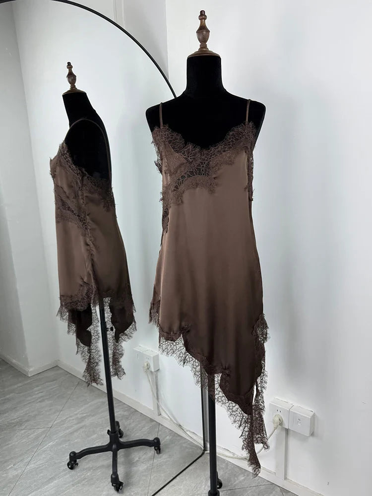 Lace Spaghetti Strap Slit Bodycon Mini Dress