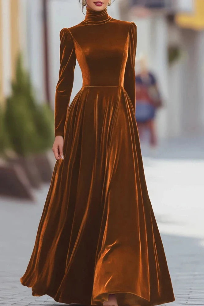 Elegant High Collar Long Sleeve Slim Pleated Maxi Dress
