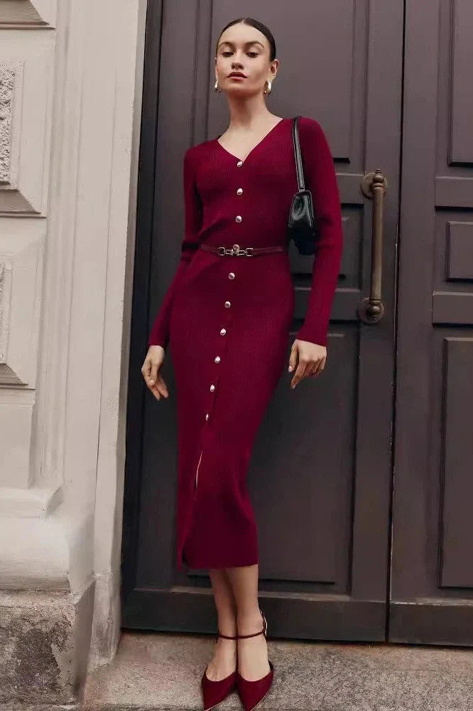V-Neck Knit Patchwork Slim Midi Dress