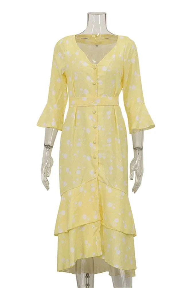 V-Neck Printed Lace-Up Patchwork Slim Midi Dress