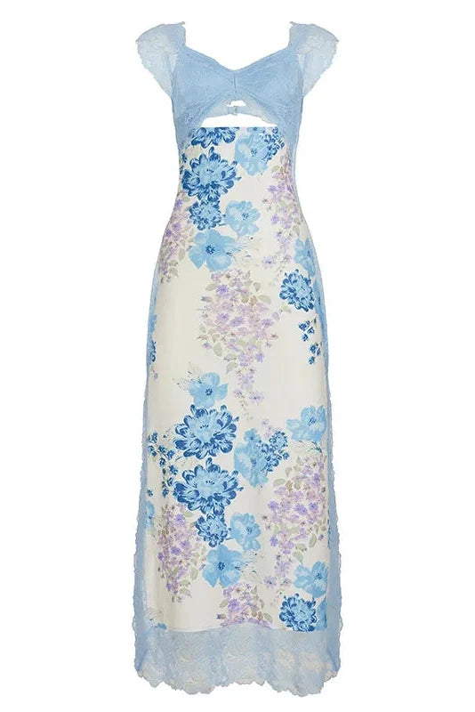 Printed Split Lace Sleeveless Backless Irregular Maxi Dress