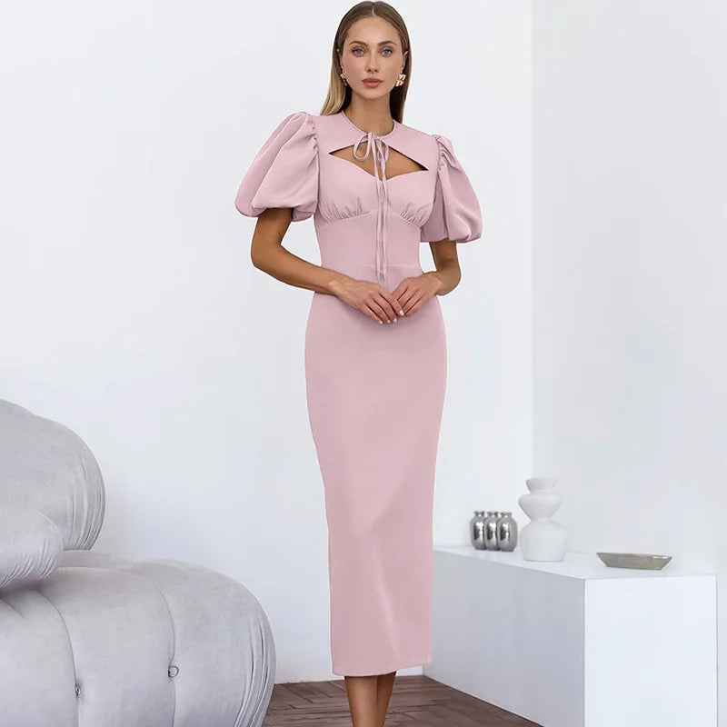 Elegant Hollow Out Lace-Up Patchwork Maxi Dress