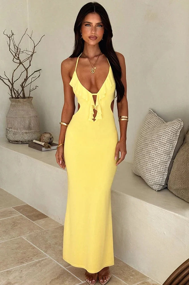 Hollow Out Backless Off-Shoulder V Neck Sleeveless Bodycon Maxi Dress
