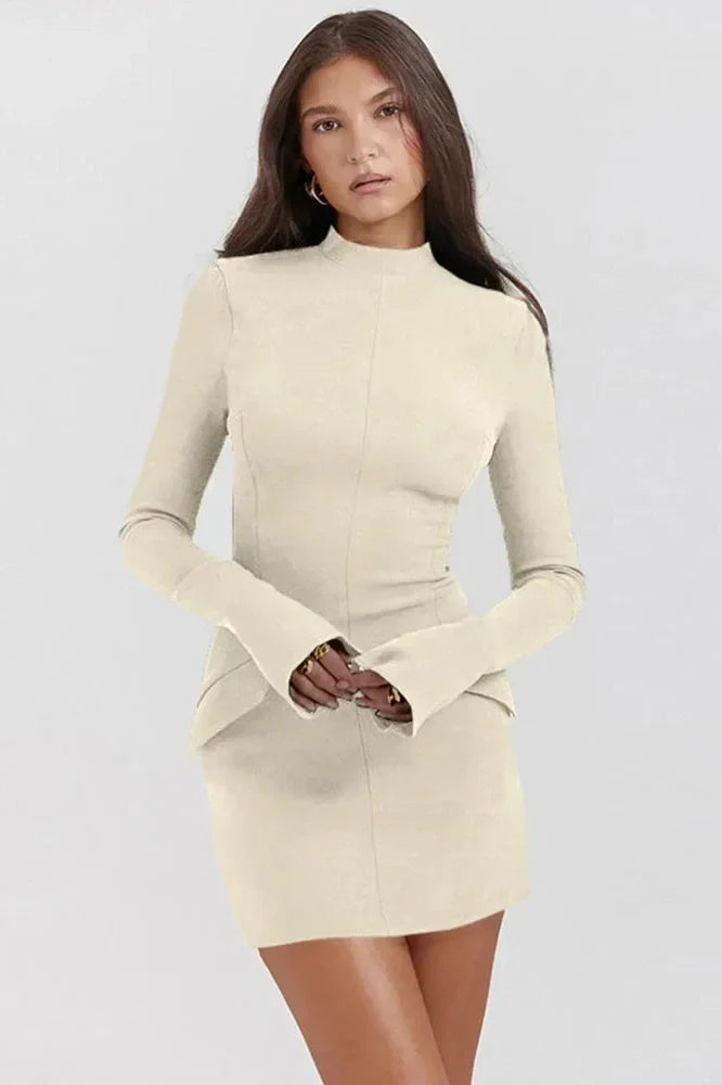 Elegant Slim Two Pocket Long Sleeve A-Line Mini Dress