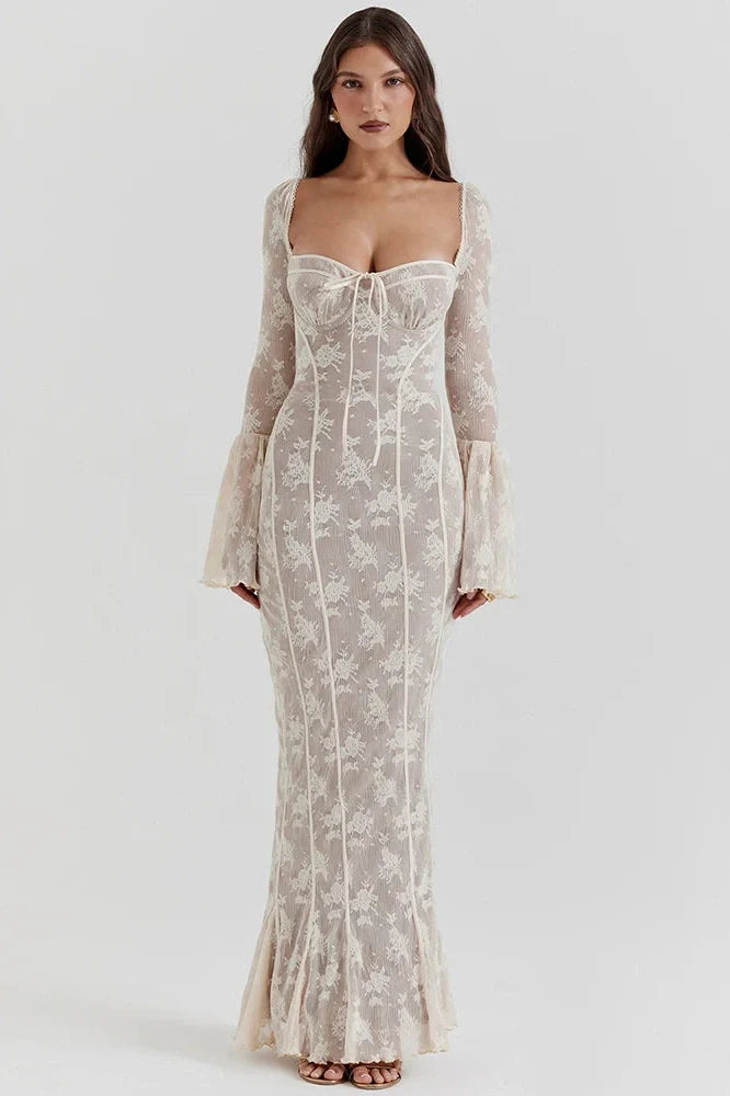 Lace Print Long Flare Sleeve Square Collar Maxi Dress