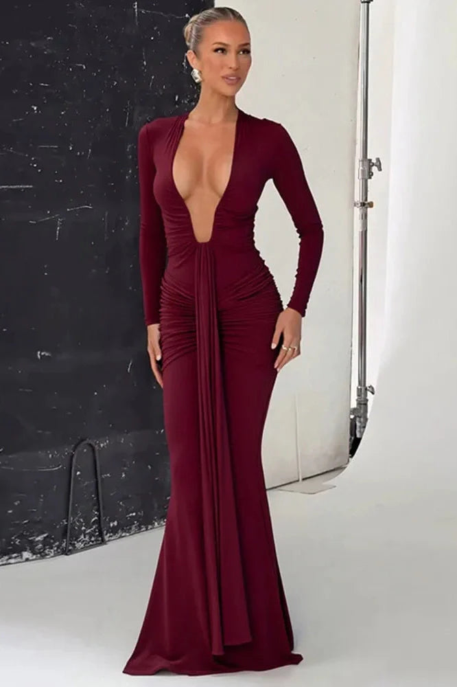 Deep V Neck Long Sleeve Bodycon Maxi Dress