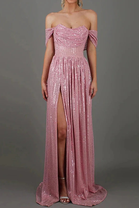 Pleated Off Shoulder High Waist Split Maxi Dress