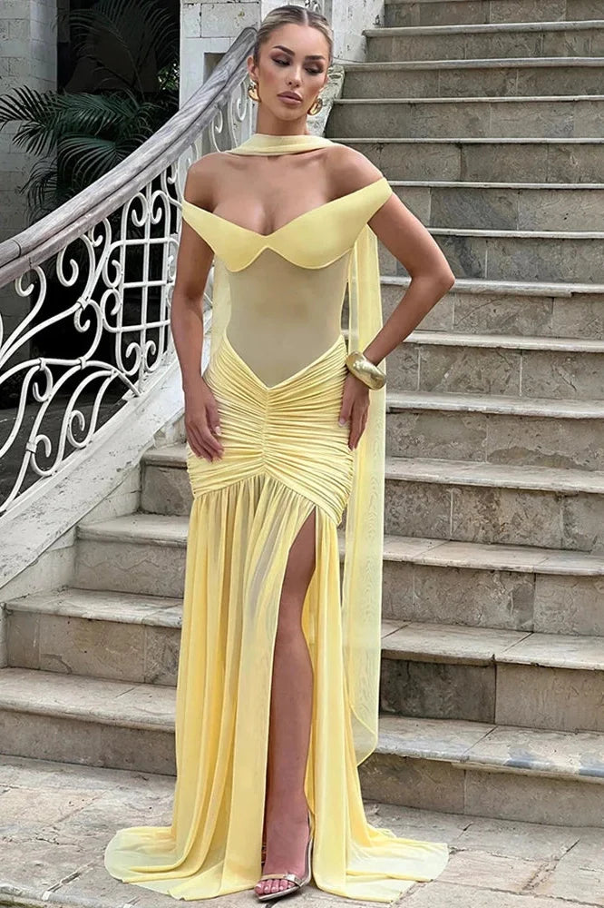 Off-Shoulder Backless Sleeveless High Split Maxi Dress