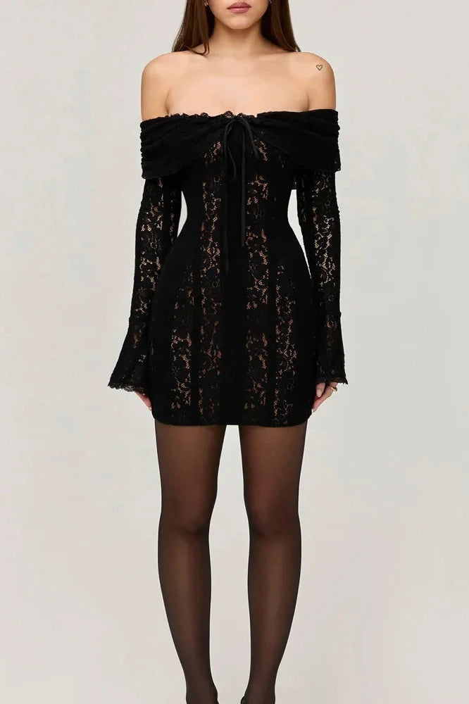 Off-Shoulder See-Through Printed Lace-Up High Waist Maxi Dress