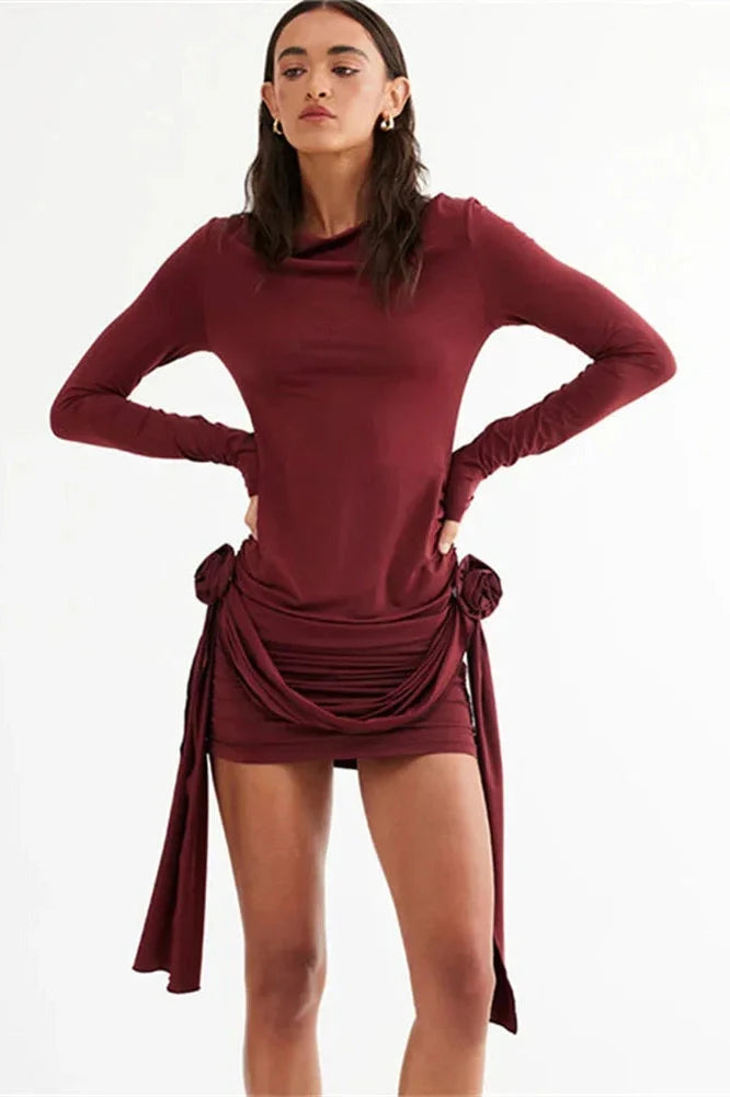 Pleated Long Sleeve Slim Patchwork Mini Dress