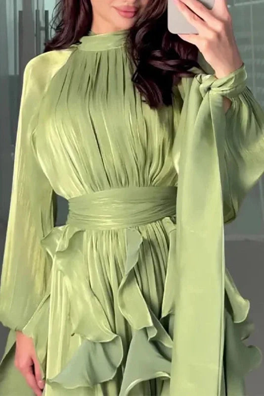 Elegant Pleated High Collar Long Sleeve High Waist Maxi Dress