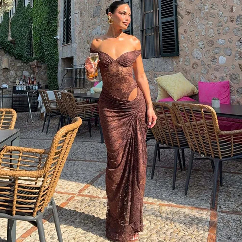 Lace Patchwork Backless See Through Maxi Dress