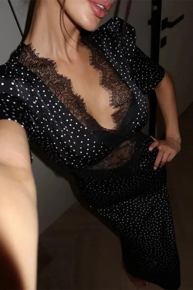 Hollow Out V-Neck Lace Short Sleeve Patchwork Maxi Dress