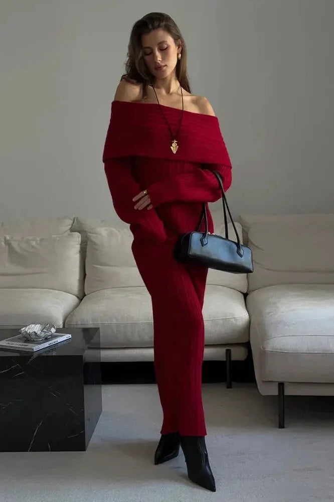 Knitted Off-Shoulder Long-Sleeved Slim High Waist Backless Maxi Dress