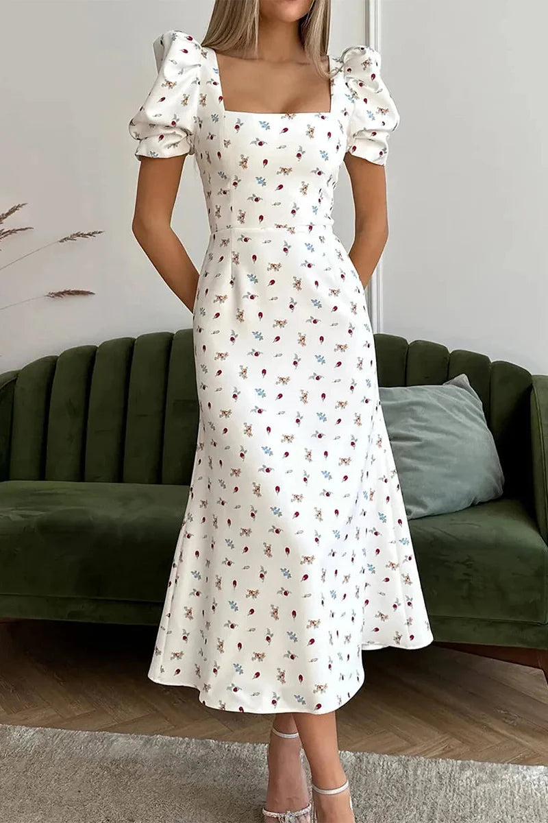 Short Sleeve Floral Print A-Line Midi Dress