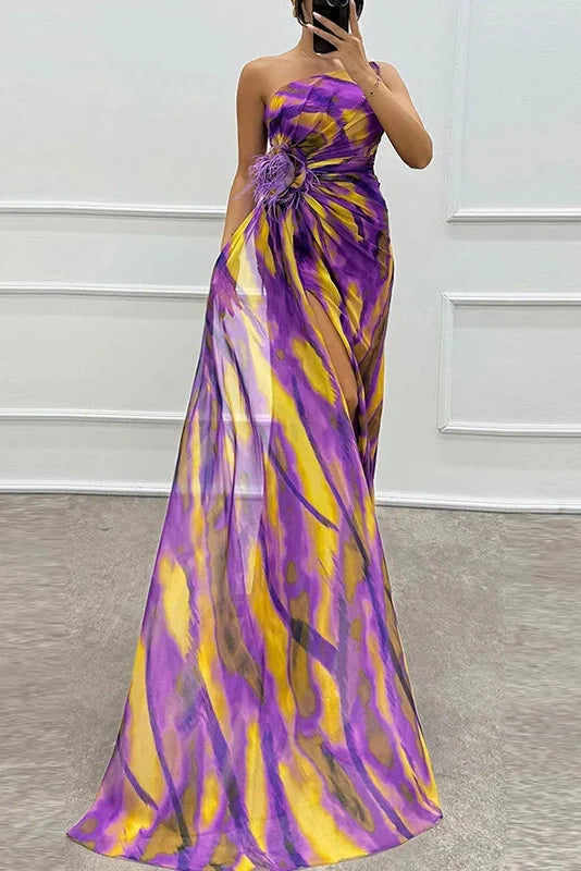 Sleeveless Backless High Split Printed One Shoulder Maxi Dress