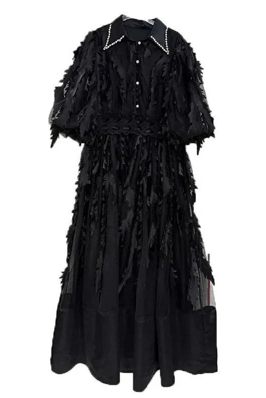 Elegant Loose Puff Sleeve High Waist Midi Dress