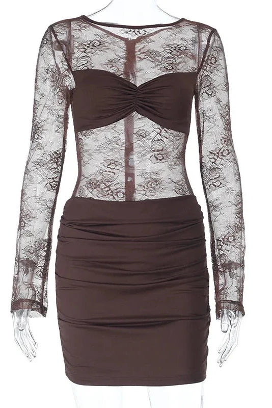 Lace Hollow-Out Slim Backless Pleated Mini Dress