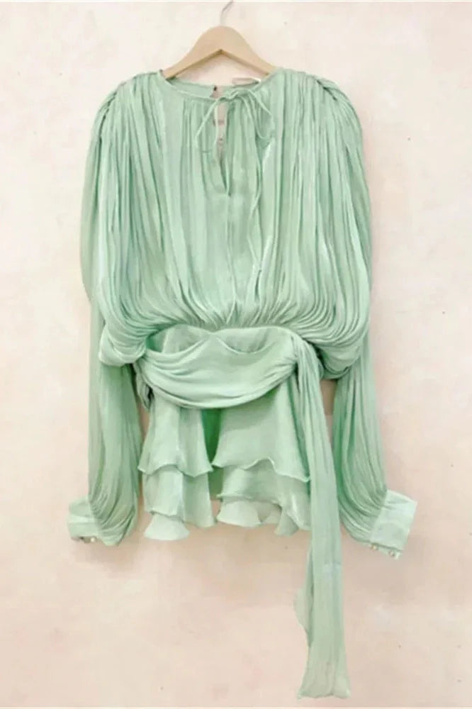 Elegant Pleated Long Sleeve High Waist Mini Dress