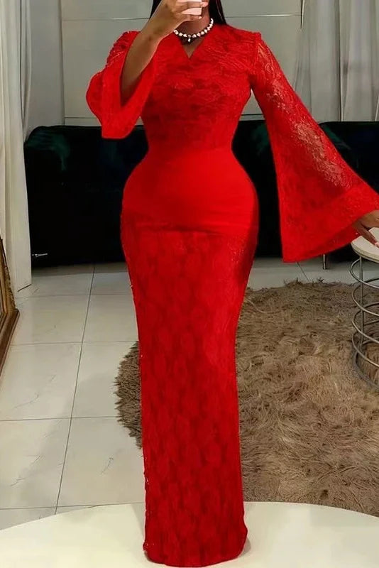 Hollow Out Lace Flare Sleeve High Waist Slim Maxi Dress