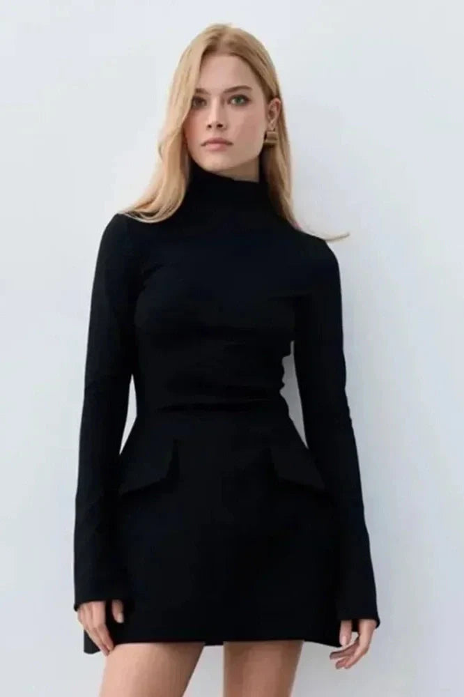 Elegant Slim Two Pocket Long Sleeve A-Line Mini Dress