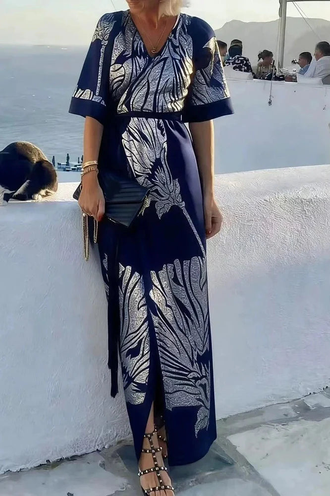 V-Neck Short Sleeve Pleated Printed Maxi Dress