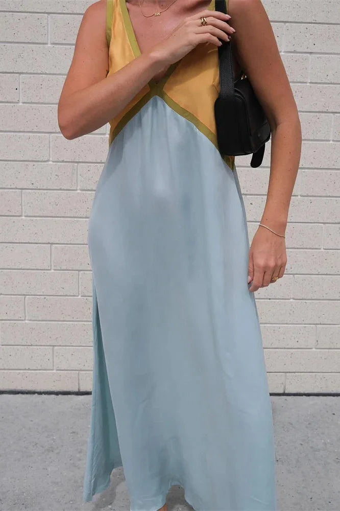 Patchwork V-Neck Strapless Sleeveless Slim Maxi Dress