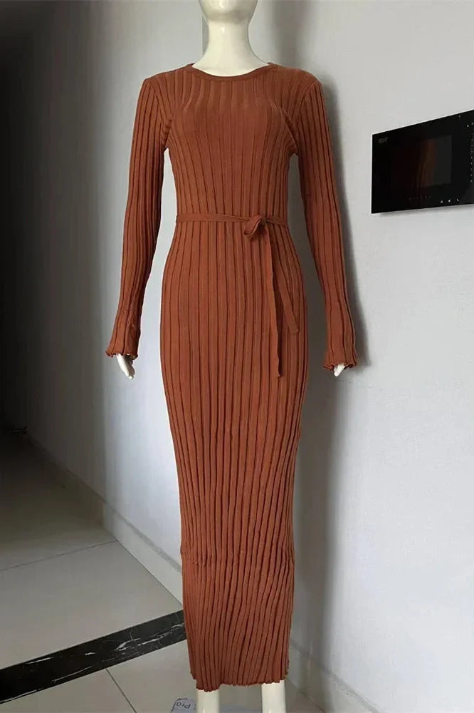 Lace-Up High Waist Patchwork Long Sleeve Maxi Dress