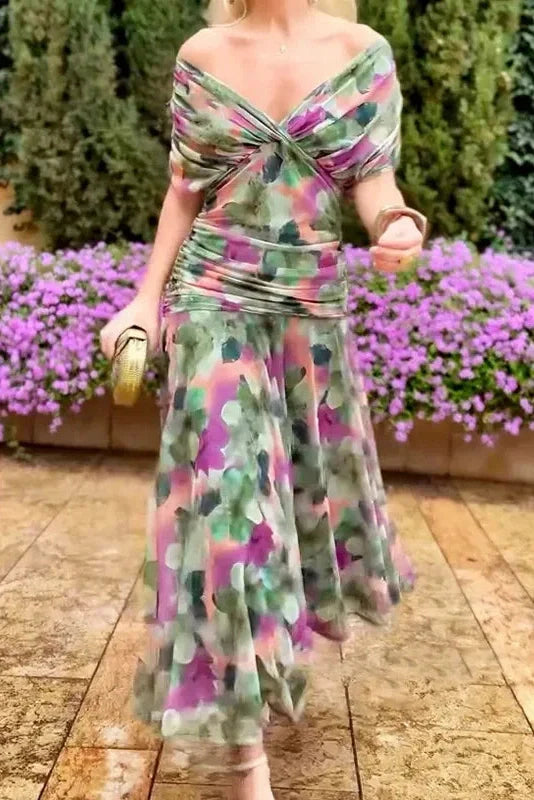Printed Shawl Sleeve High Waist Pleated V-Neck Off Shoulder Maxi Dress