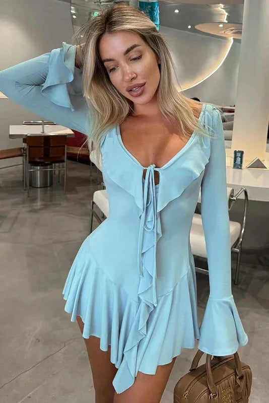 Deep V Neck Long Sleeve Slim Mini Dress