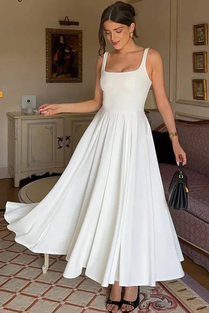 Spaghetti Strap Backless High Waist A-line Pleated Maxi Dress