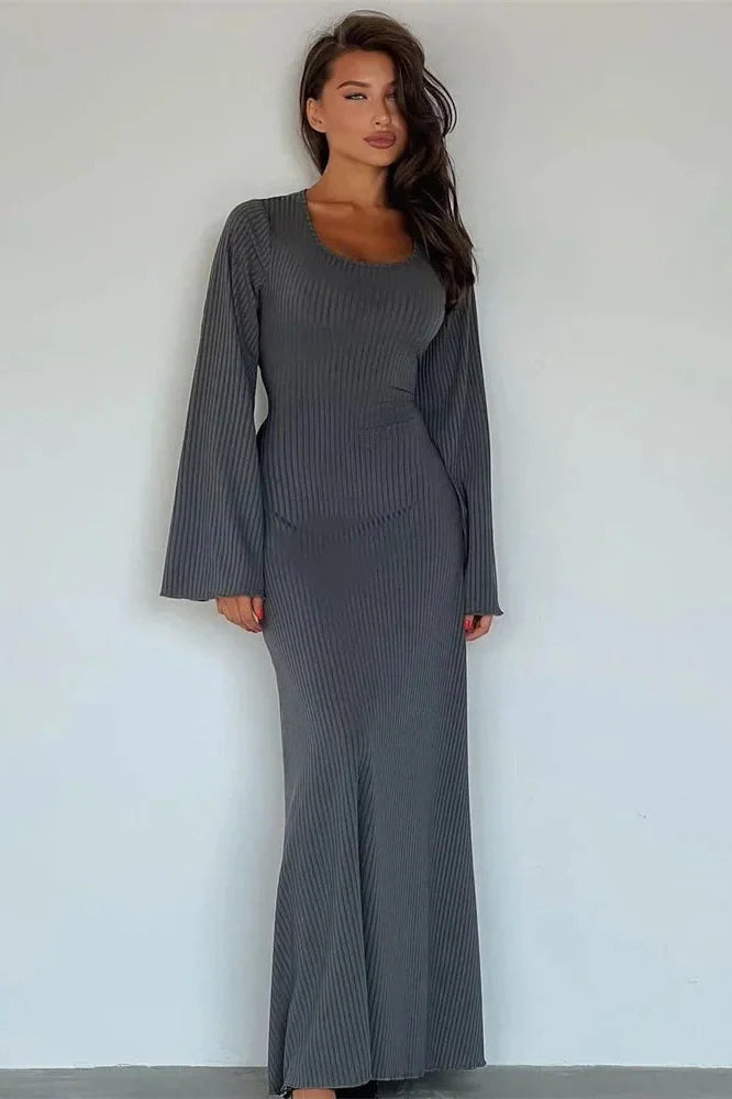 Lace-Up Long Sleeve Slim Loose Maxi Dress