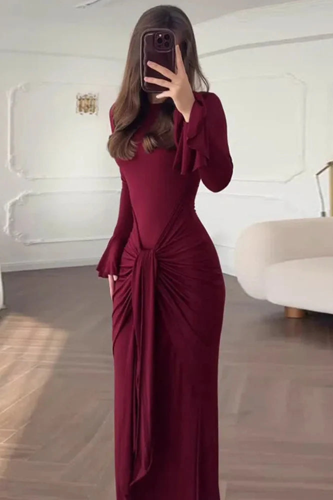Elegant Long Sleeve O Neck High Waist Maxi Dress