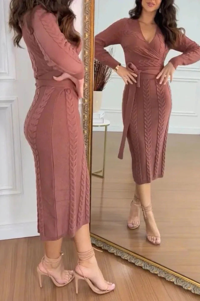 Long Sleeve Slim High Waist V-Neck Midi Dress
