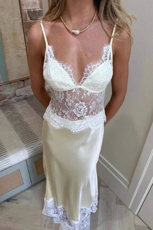Hollow-Out Lace Deep V-Neck Backless Slim Straps Maxi Dress