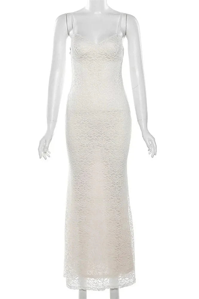 Lace Hollow Out Backless Slim V-Neck Maxi Dress