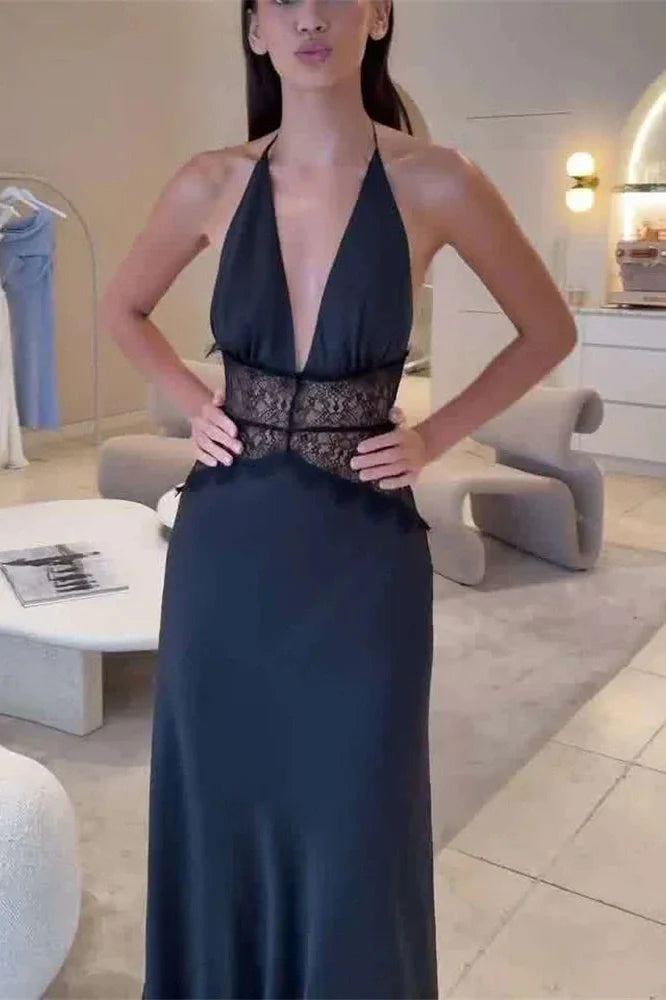 Hollow Out Lace V-Neck Backless High Waist Slim Maxi Dress