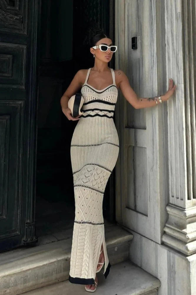 Hollow Out Spaghetti Strap Backless Slit Maxi Dress
