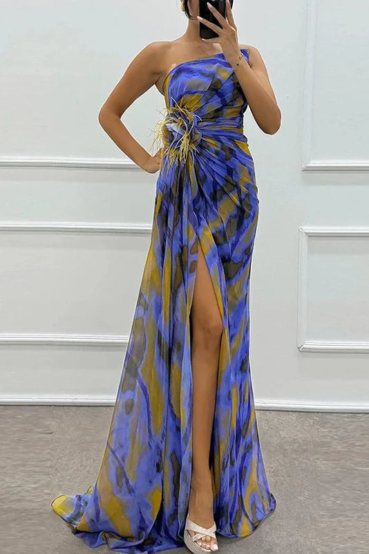 Sleeveless Backless High Split Printed One Shoulder Maxi Dress