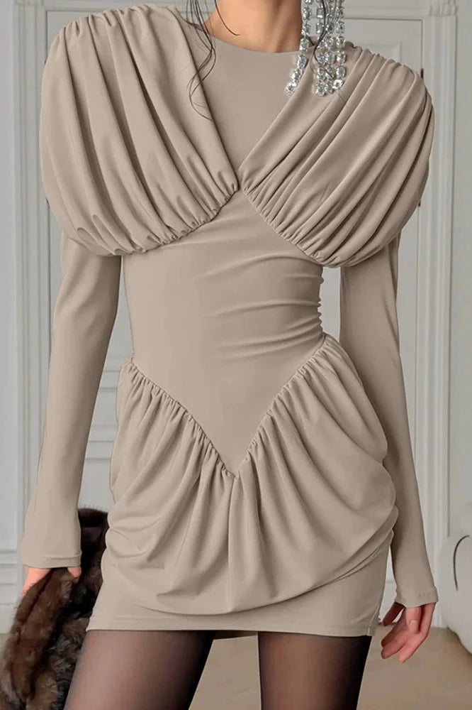 O-Neck High Waist Pleated Mini Dress