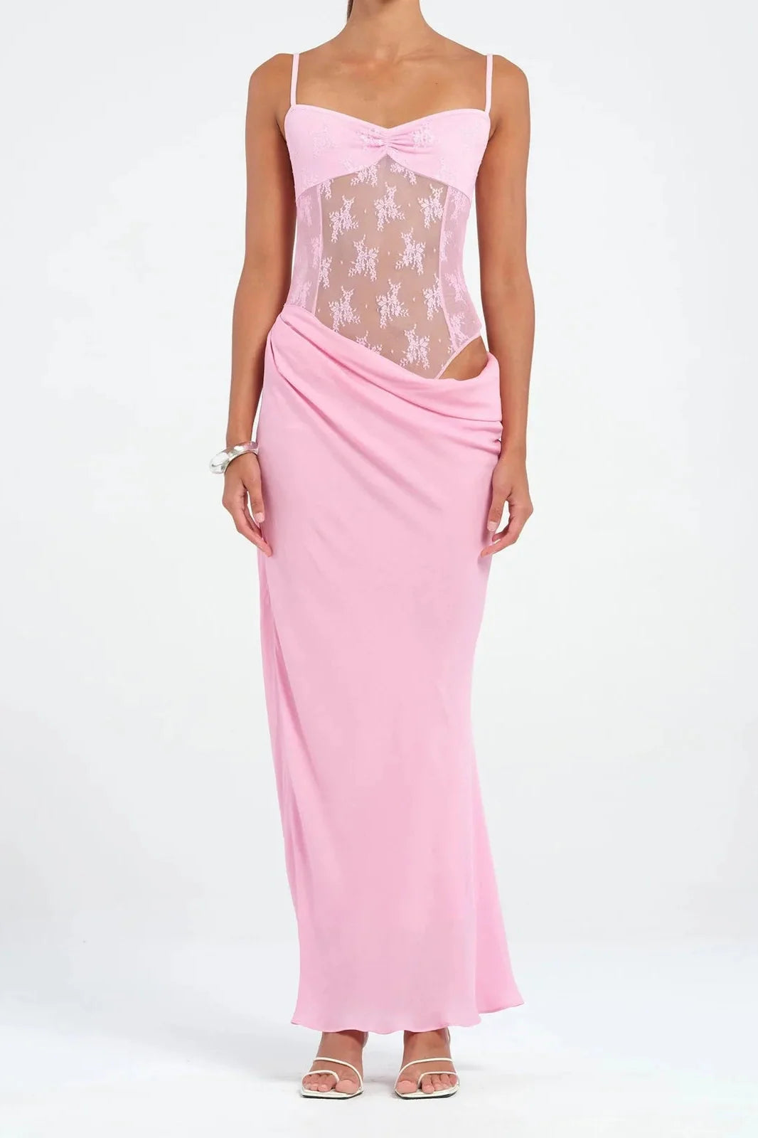 Patchwork Lace Slim Spaghetti Strap Backless Maxi Dress