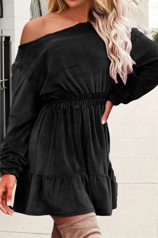 Slash Collar High Waist A-Line Long Sleeve Mini Dress